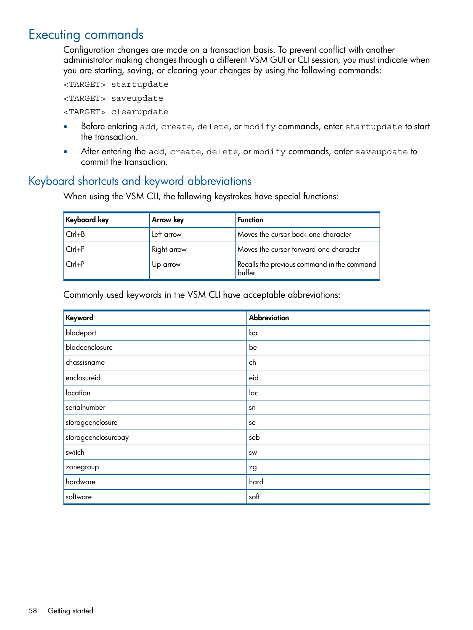 Executing commands, Keyboard shortcuts and keyword abbreviations | HP 6Gb SAS Switch for HP BladeSystem c-Class User Manual | Page 58 / 85