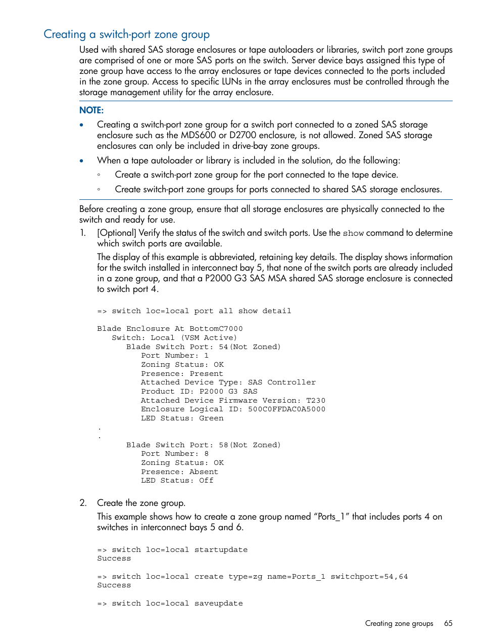 Creating a switch-port zone group, Creating | HP 6Gb SAS Switch for HP BladeSystem c-Class User Manual | Page 65 / 85