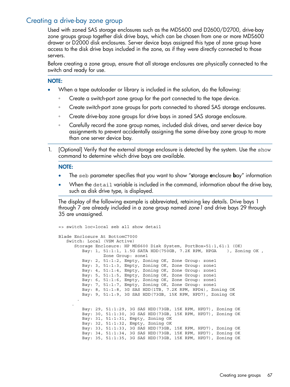 Creating a drive-bay zone group | HP 6Gb SAS Switch for HP BladeSystem c-Class User Manual | Page 67 / 85