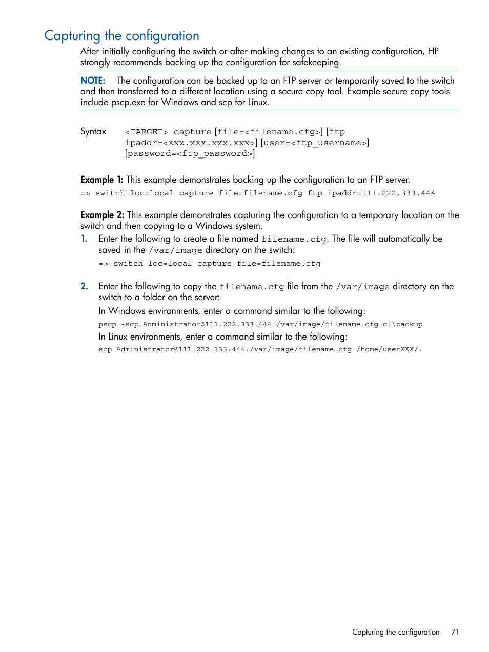 Capturing the configuration | HP 6Gb SAS Switch for HP BladeSystem c-Class User Manual | Page 71 / 85