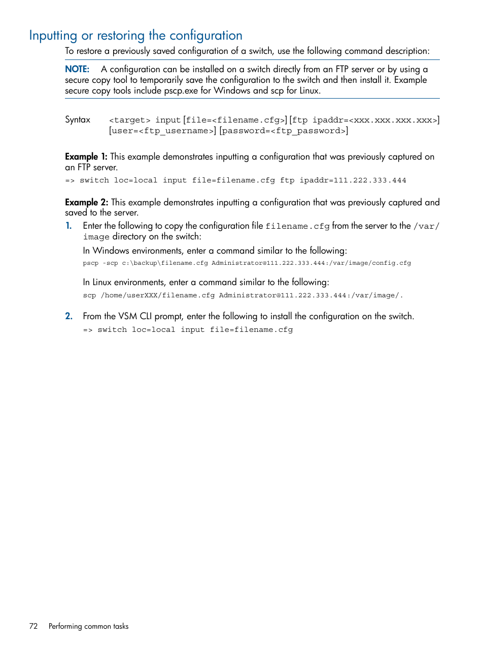 Inputting or restoring the configuration | HP 6Gb SAS Switch for HP BladeSystem c-Class User Manual | Page 72 / 85
