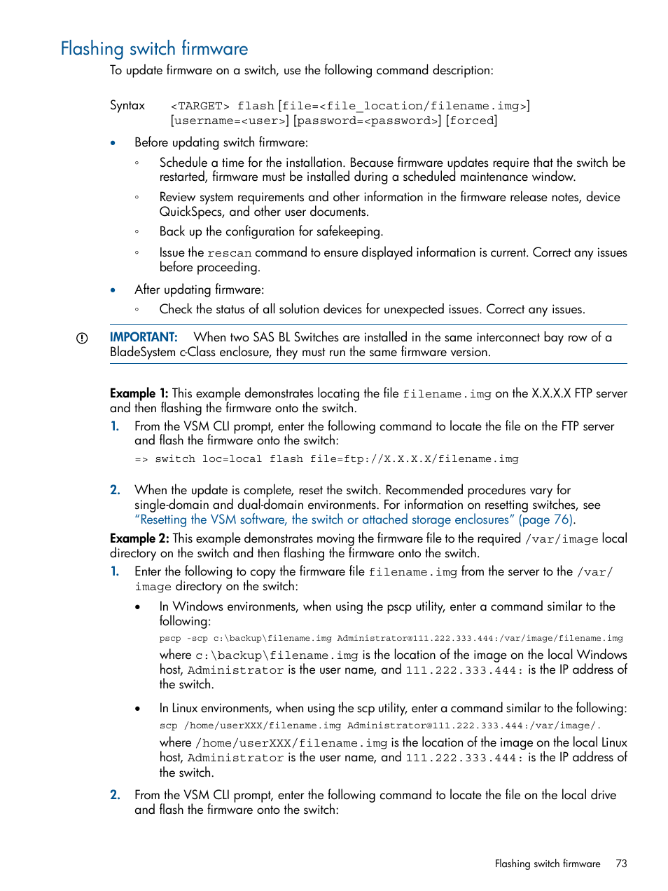 Flashing switch firmware | HP 6Gb SAS Switch for HP BladeSystem c-Class User Manual | Page 73 / 85