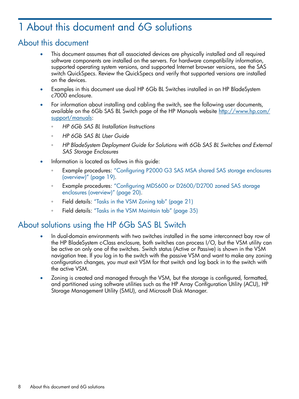 1 about this document and 6g solutions, About this document, About solutions using the hp 6gb sas bl switch | HP 6Gb SAS Switch for HP BladeSystem c-Class User Manual | Page 8 / 85