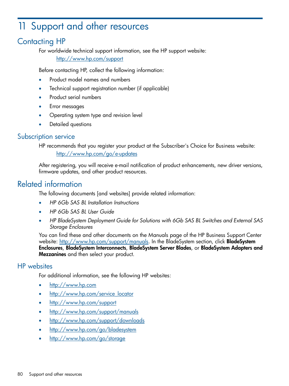 11 support and other resources, Contacting hp, Subscription service | Related information, Hp websites | HP 6Gb SAS Switch for HP BladeSystem c-Class User Manual | Page 80 / 85