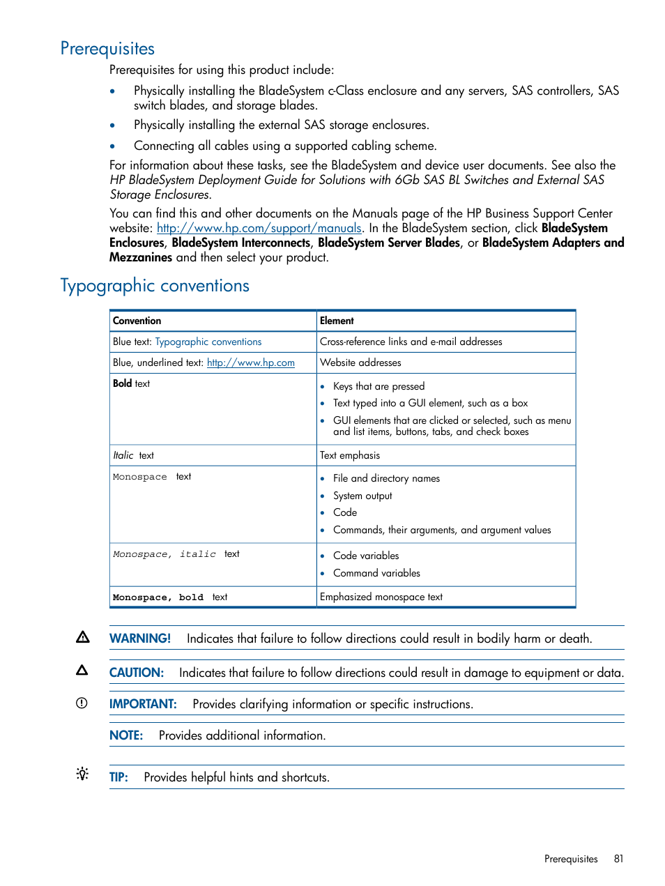 Prerequisites, Typographic conventions, Prerequisites typographic conventions | HP 6Gb SAS Switch for HP BladeSystem c-Class User Manual | Page 81 / 85
