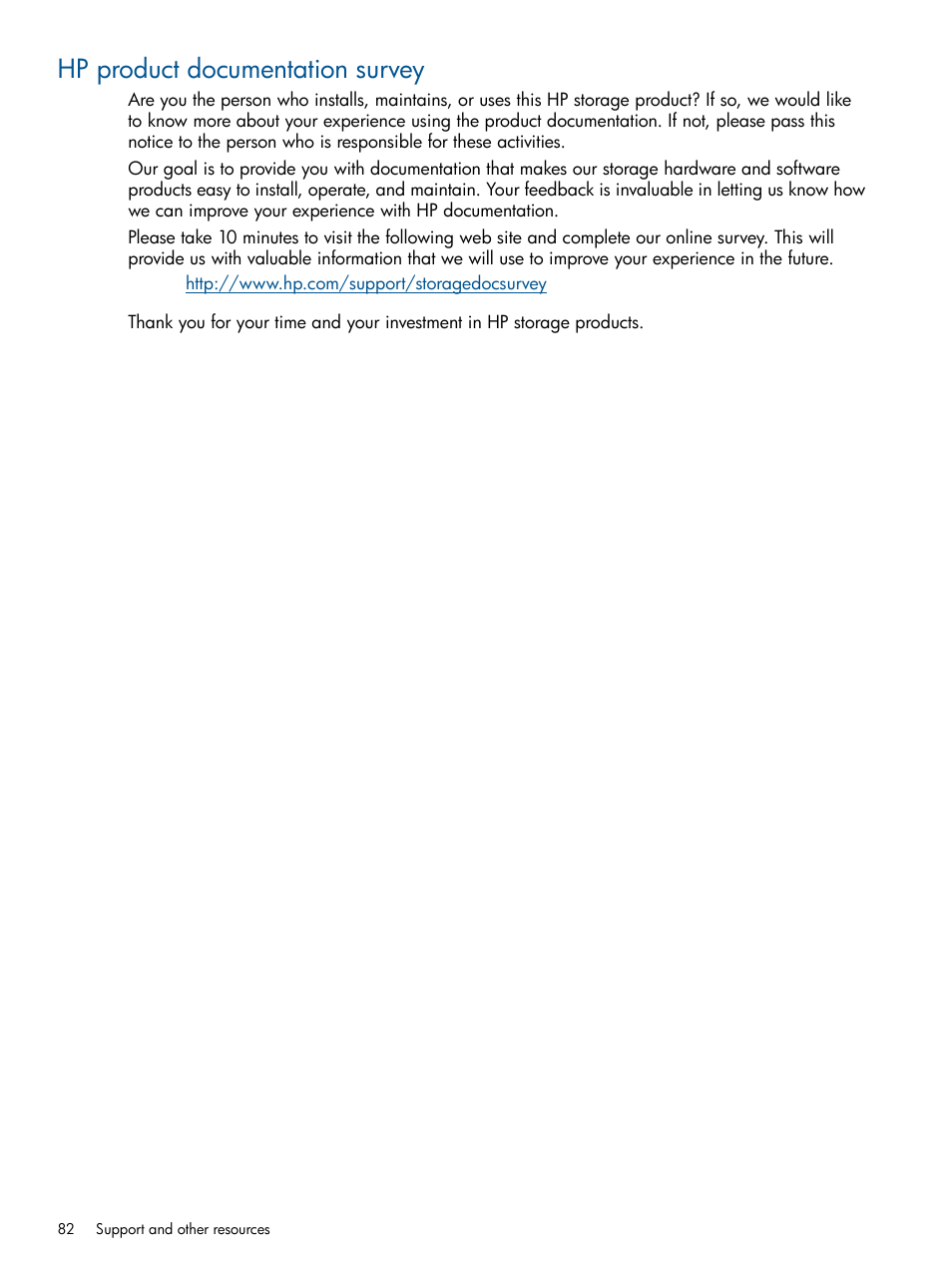Hp product documentation survey | HP 6Gb SAS Switch for HP BladeSystem c-Class User Manual | Page 82 / 85