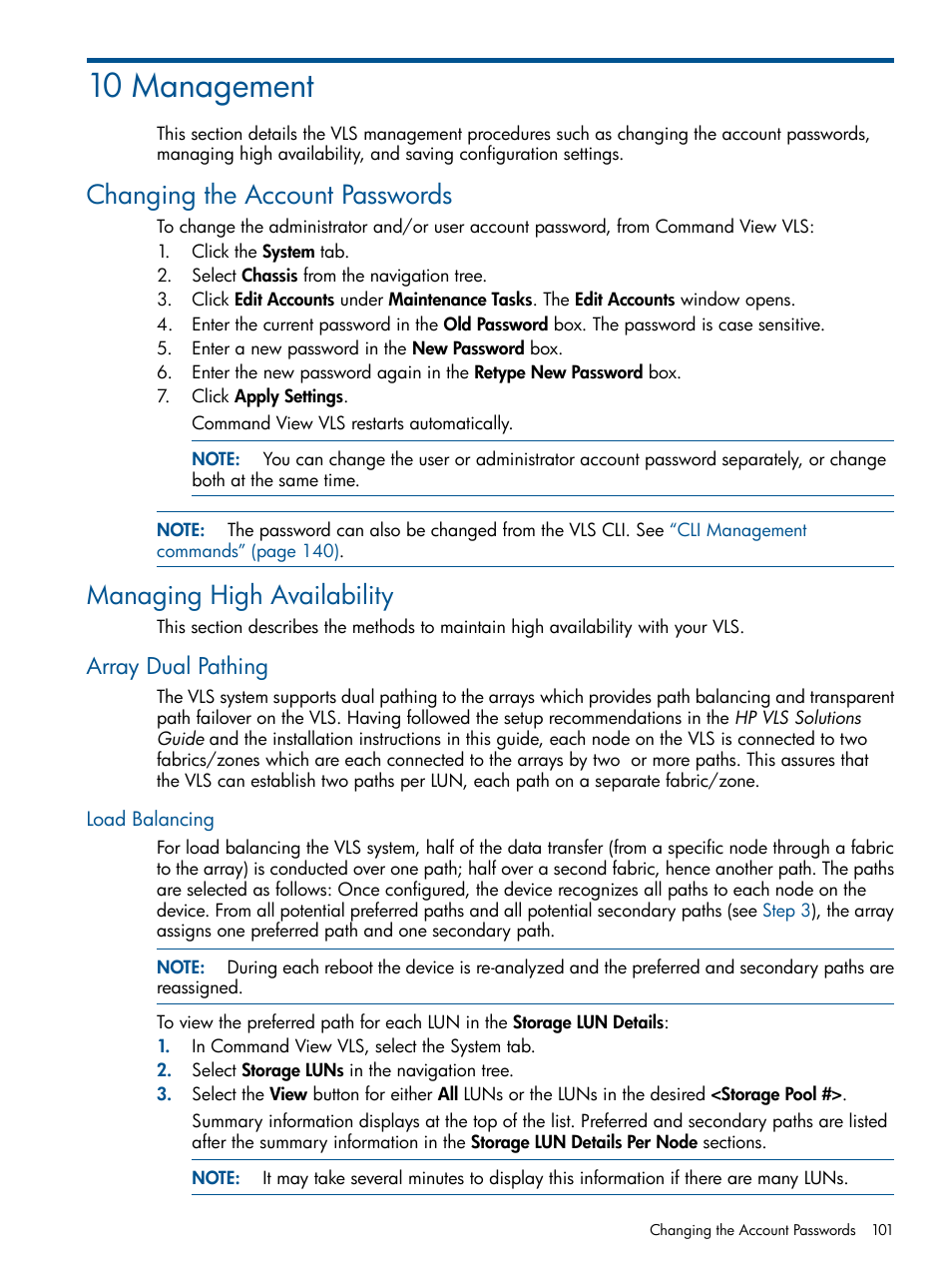 10 management, Changing the account passwords, Managing high availability | Array dual pathing, Load balancing, Array dual | HP 12000 Virtual Library System EVA Gateway User Manual | Page 101 / 210
