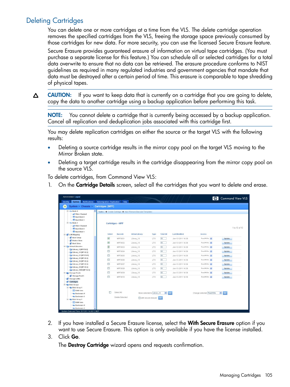 Deleting cartridges | HP 12000 Virtual Library System EVA Gateway User Manual | Page 105 / 210