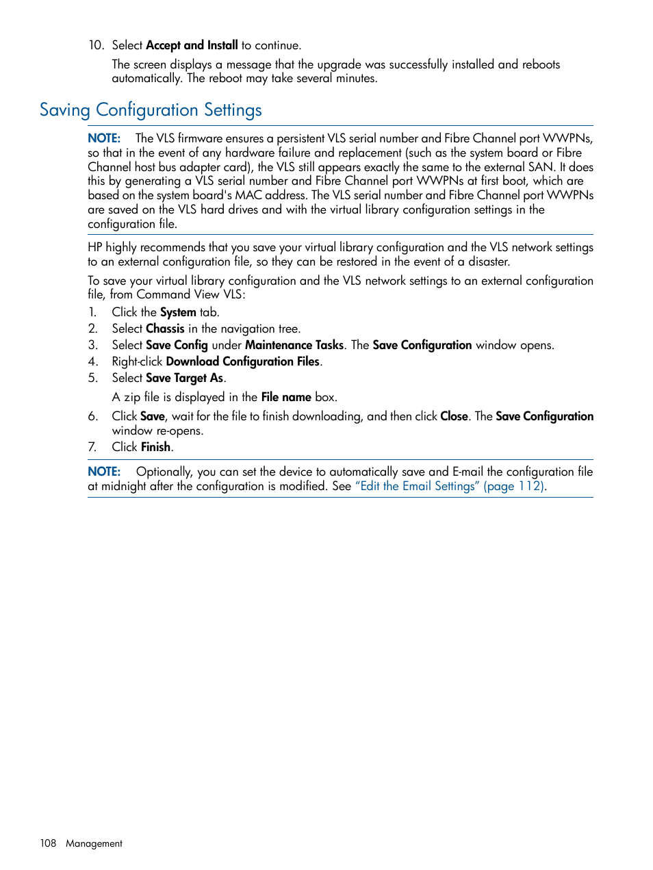 Saving configuration settings | HP 12000 Virtual Library System EVA Gateway User Manual | Page 108 / 210