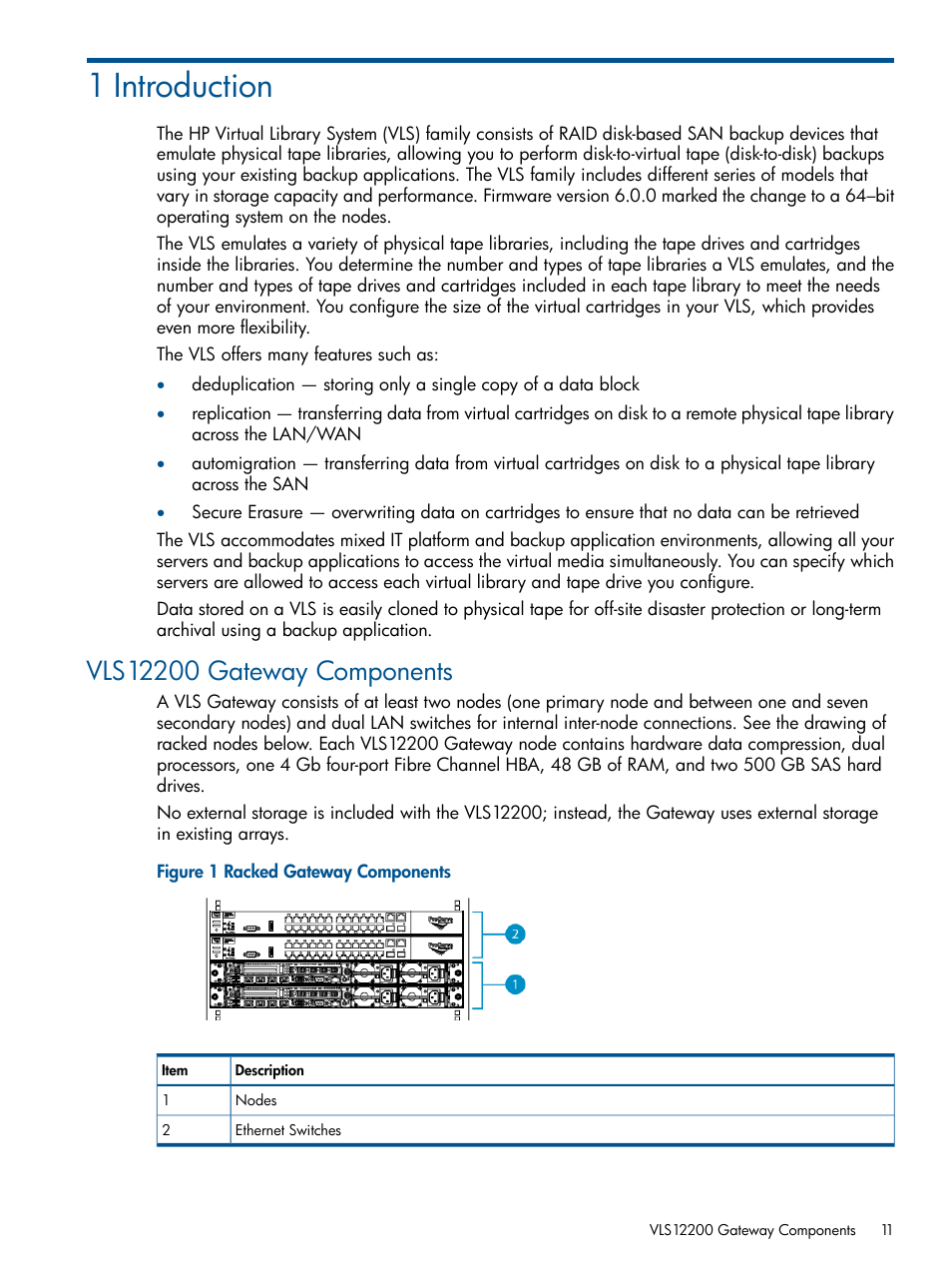 1 introduction, Vls12200 gateway components | HP 12000 Virtual Library System EVA Gateway User Manual | Page 11 / 210
