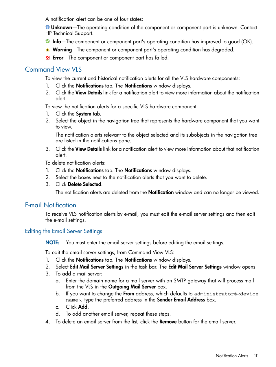 Command view vls, E-mail notification, Editing the email server settings | Command view vls e-mail notification | HP 12000 Virtual Library System EVA Gateway User Manual | Page 111 / 210