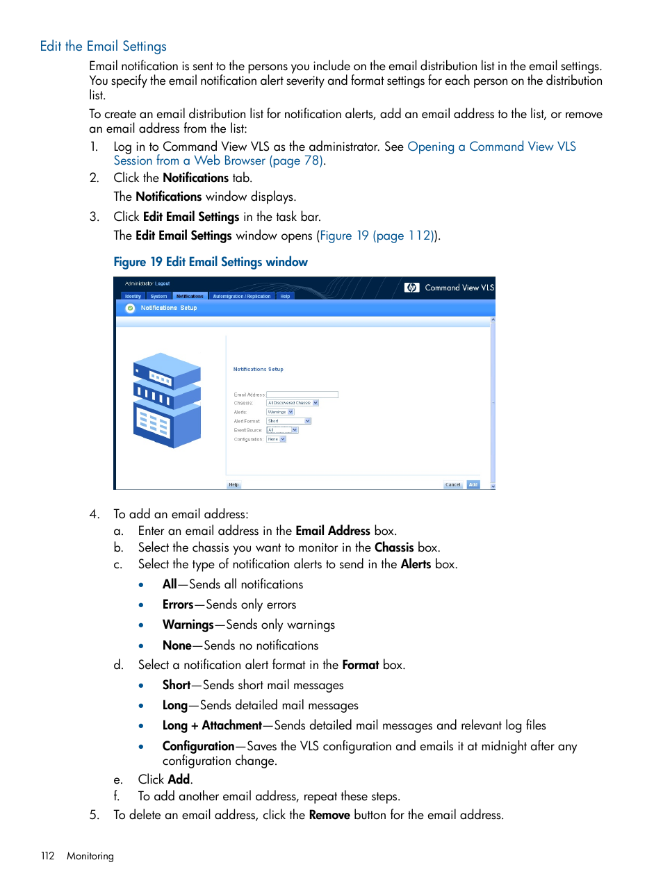 Edit the email settings | HP 12000 Virtual Library System EVA Gateway User Manual | Page 112 / 210