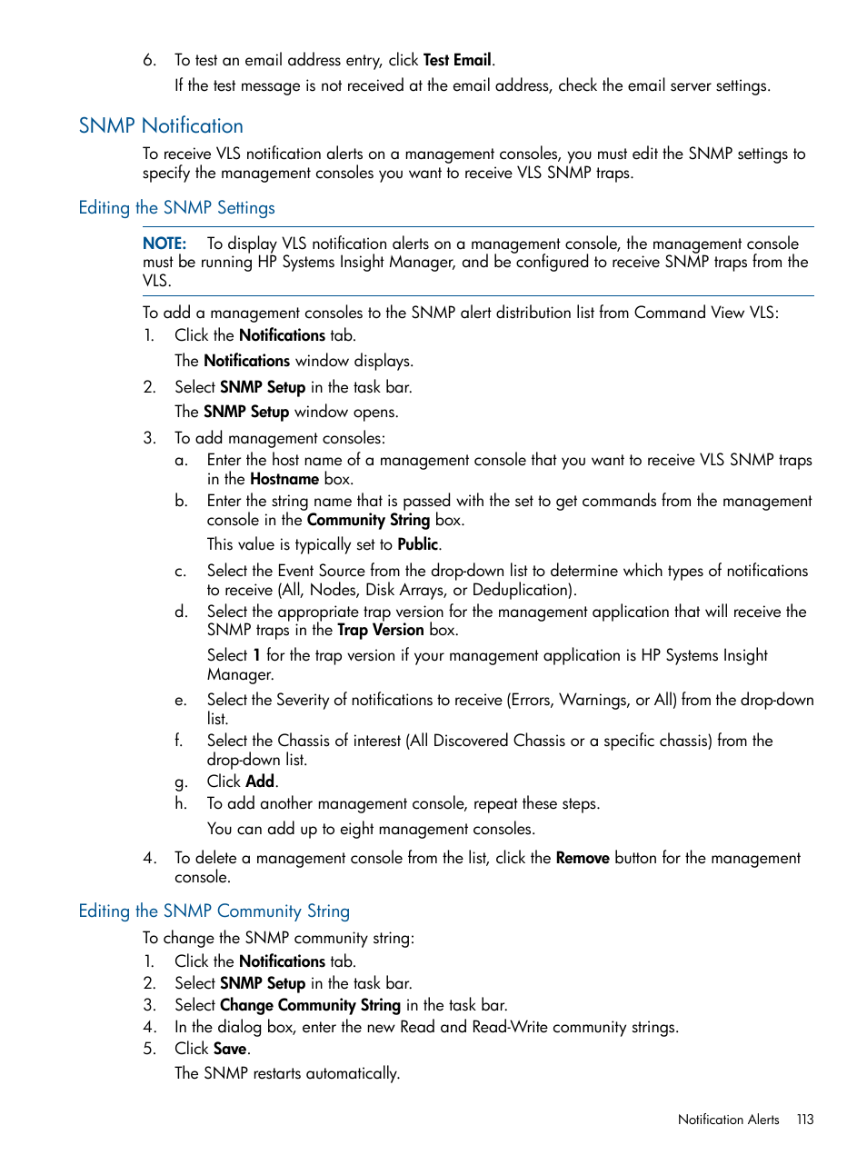 Snmp notification, Editing the snmp settings, Editing the snmp community string | HP 12000 Virtual Library System EVA Gateway User Manual | Page 113 / 210