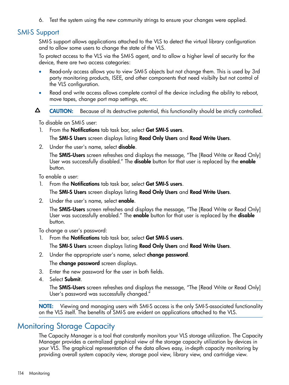 Smi-s support, Monitoring storage capacity | HP 12000 Virtual Library System EVA Gateway User Manual | Page 114 / 210