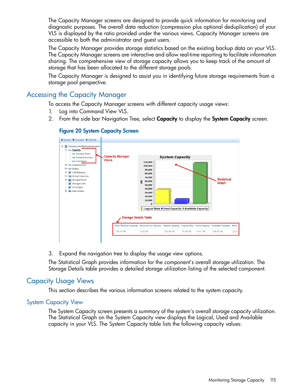 Accessing the capacity manager, Capacity usage views, System capacity view | HP 12000 Virtual Library System EVA Gateway User Manual | Page 115 / 210