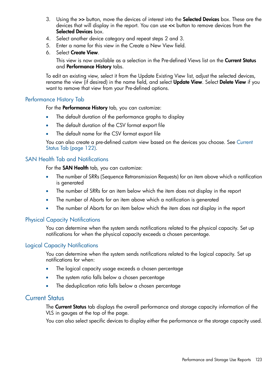 Performance history tab, San health tab and notifications, Physical capacity notifications | Logical capacity notifications, Current status | HP 12000 Virtual Library System EVA Gateway User Manual | Page 123 / 210