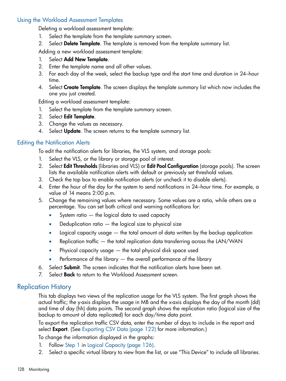 Using the workload assessment templates, Editing the notification alerts, Replication history | HP 12000 Virtual Library System EVA Gateway User Manual | Page 128 / 210