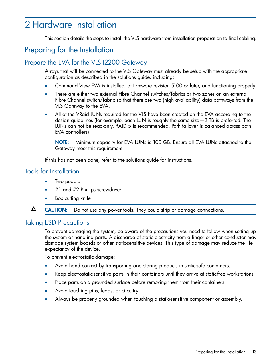 2 hardware installation, Preparing for the installation, Prepare the eva for the vls12200 gateway | Tools for installation, Taking esd precautions | HP 12000 Virtual Library System EVA Gateway User Manual | Page 13 / 210