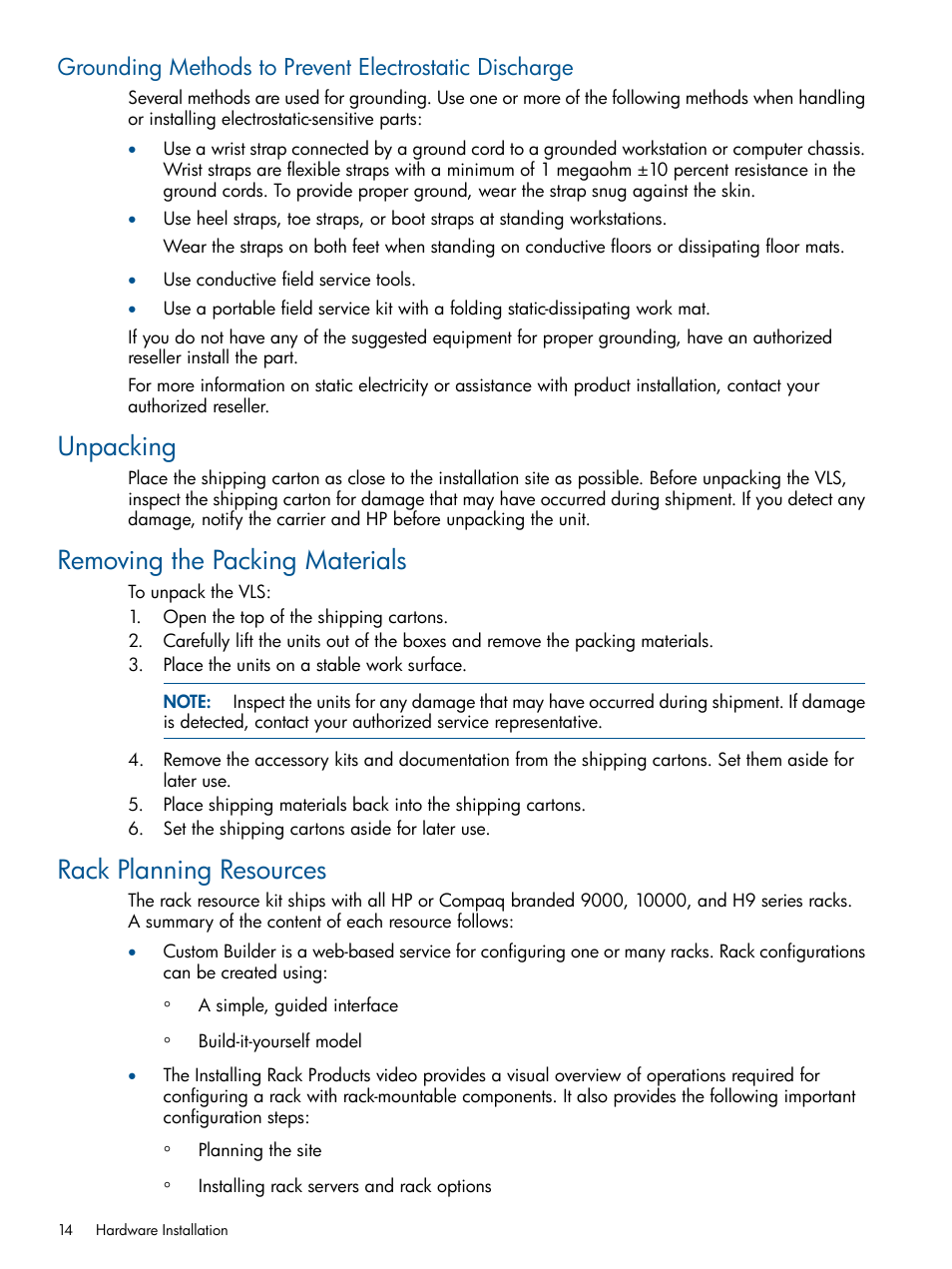 Unpacking, Removing the packing materials, Rack planning resources | HP 12000 Virtual Library System EVA Gateway User Manual | Page 14 / 210