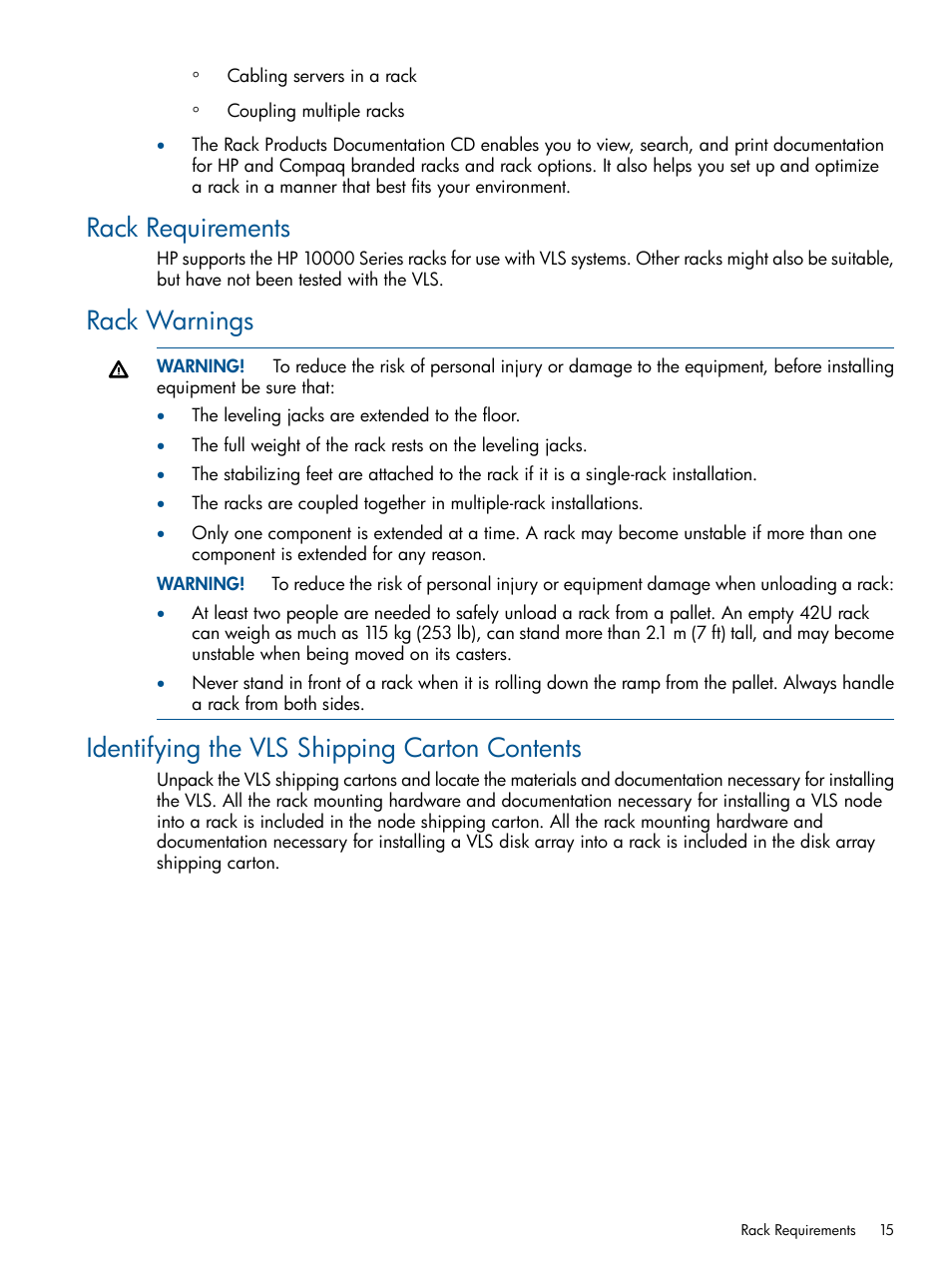 Rack requirements, Rack warnings, Identifying the vls shipping carton contents | HP 12000 Virtual Library System EVA Gateway User Manual | Page 15 / 210