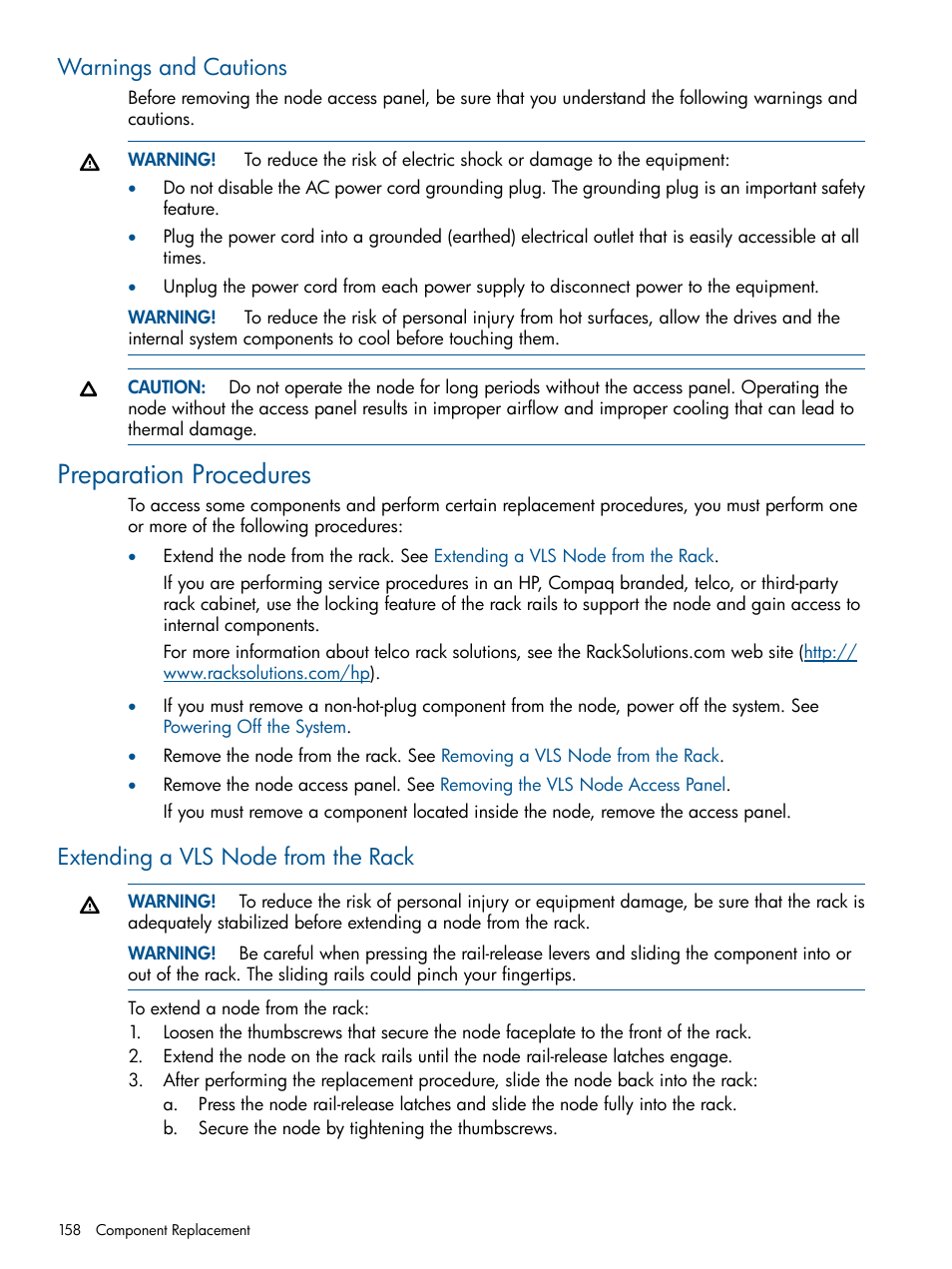 Warnings and cautions, Preparation procedures, Extending a vls node from the rack | HP 12000 Virtual Library System EVA Gateway User Manual | Page 158 / 210