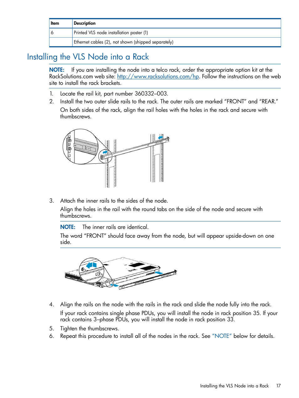 Installing the vls node into a rack | HP 12000 Virtual Library System EVA Gateway User Manual | Page 17 / 210
