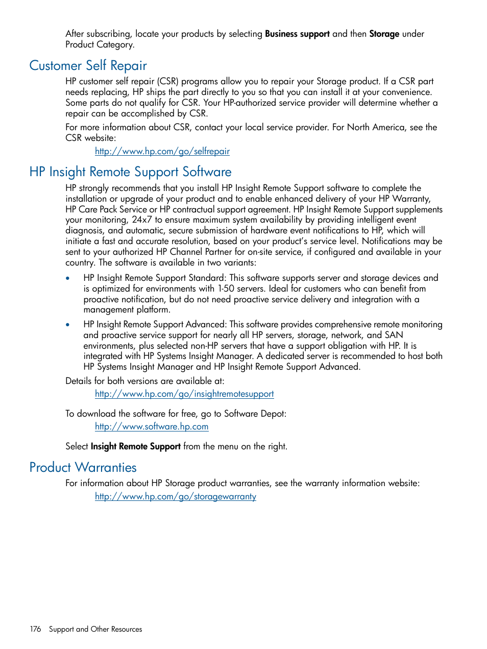 Customer self repair, Hp insight remote support software, Product warranties | HP 12000 Virtual Library System EVA Gateway User Manual | Page 176 / 210