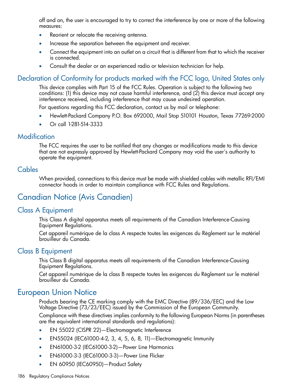 Modification, Cables, Canadian notice (avis canadien) | Class a equipment, Class b equipment, European union notice, Class a equipment class b equipment | HP 12000 Virtual Library System EVA Gateway User Manual | Page 186 / 210
