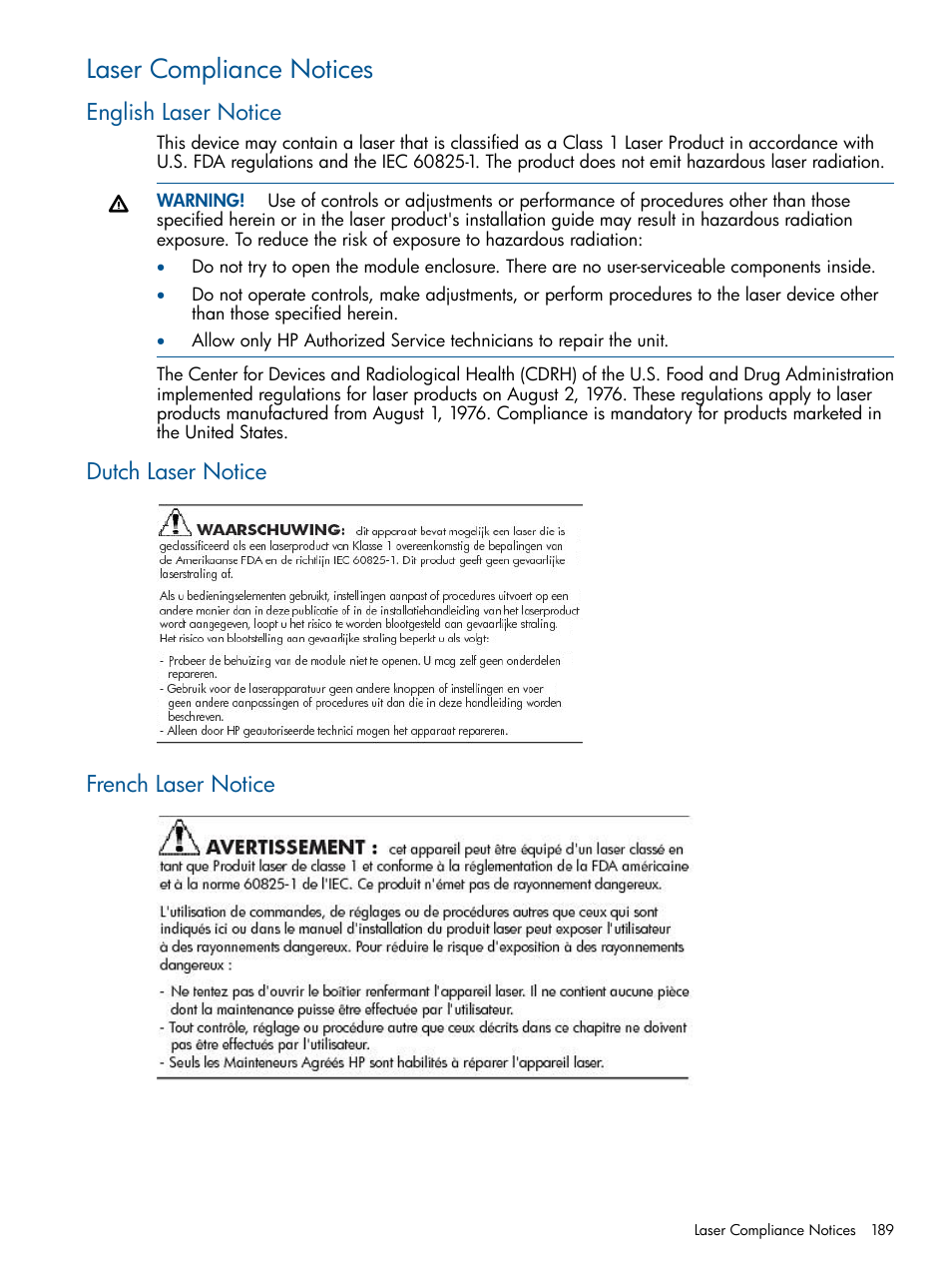 Laser compliance notices, English laser notice, Dutch laser notice | French laser notice, Dutch laser notice french laser notice | HP 12000 Virtual Library System EVA Gateway User Manual | Page 189 / 210