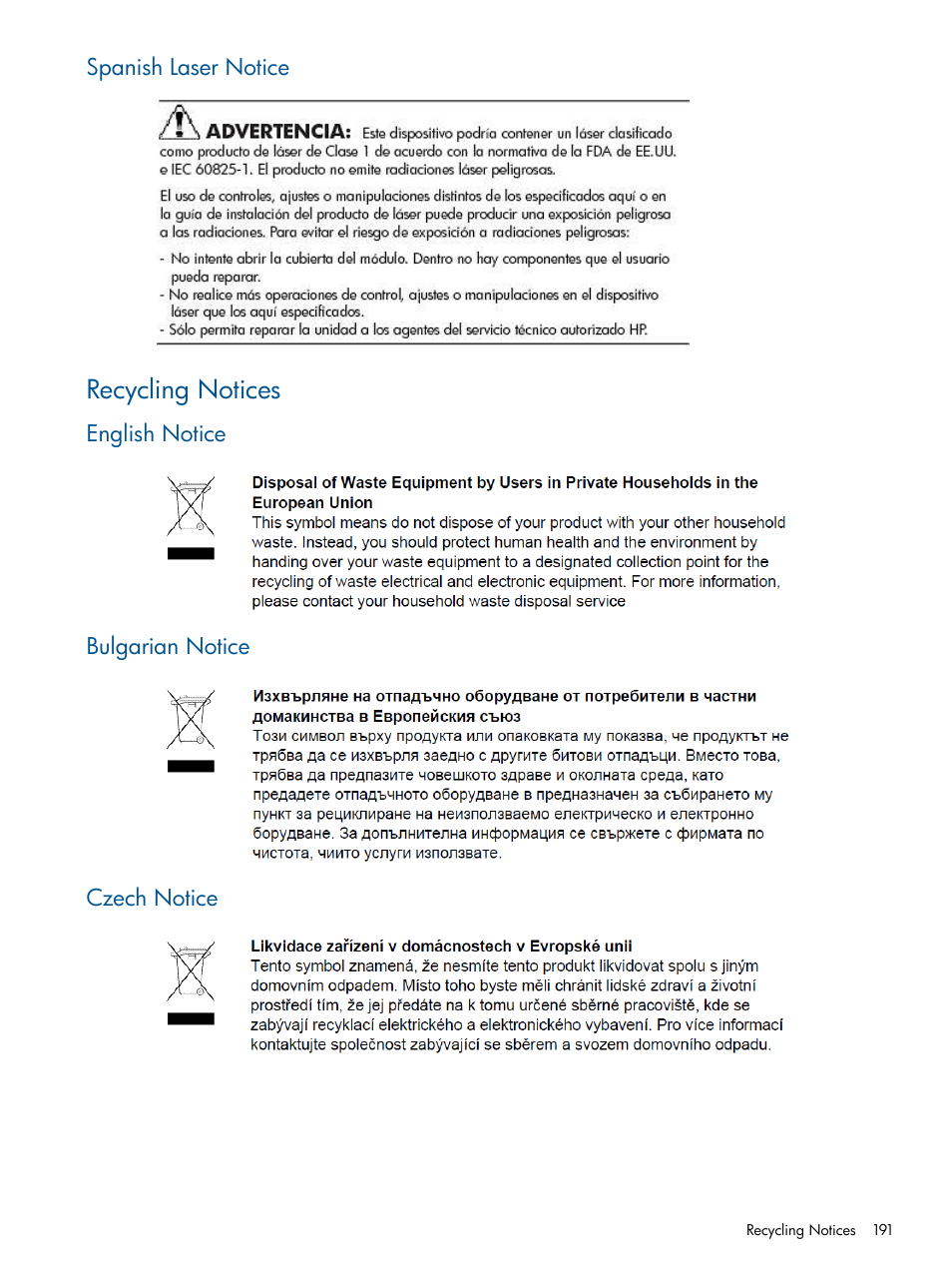 Spanish laser notice, Recycling notices, English notice | Bulgarian notice, Czech notice, English notice bulgarian notice czech notice | HP 12000 Virtual Library System EVA Gateway User Manual | Page 191 / 210