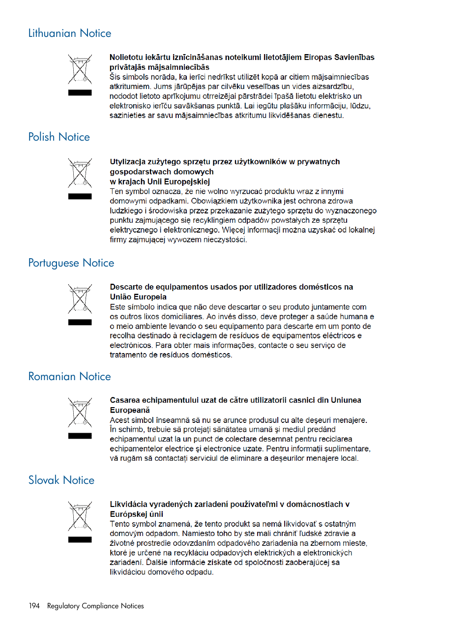 Lithuanian notice, Polish notice, Portuguese notice | Romanian notice, Slovak notice | HP 12000 Virtual Library System EVA Gateway User Manual | Page 194 / 210