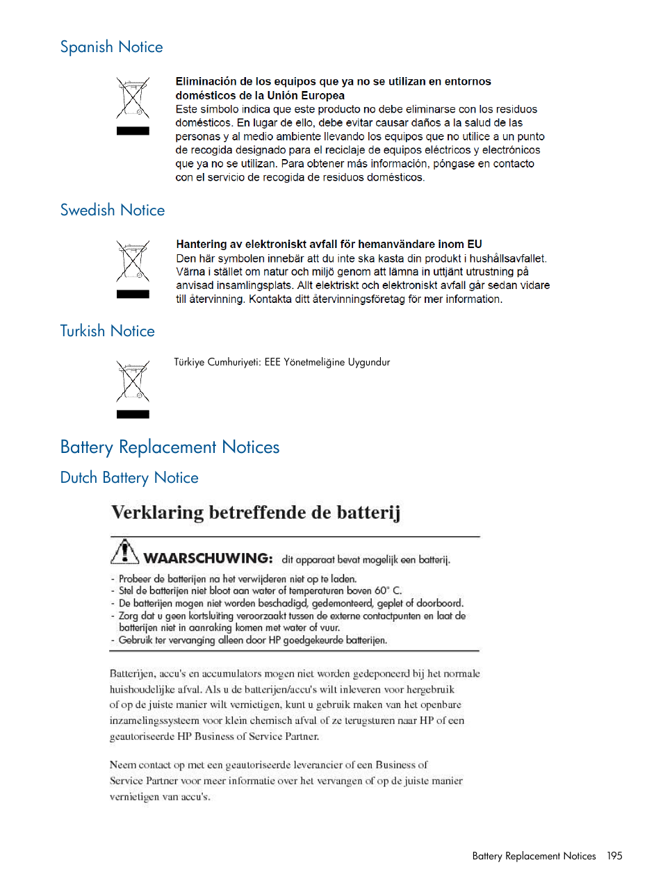 Spanish notice, Swedish notice, Turkish notice | Battery replacement notices, Dutch battery notice, Spanish notice swedish notice turkish notice | HP 12000 Virtual Library System EVA Gateway User Manual | Page 195 / 210