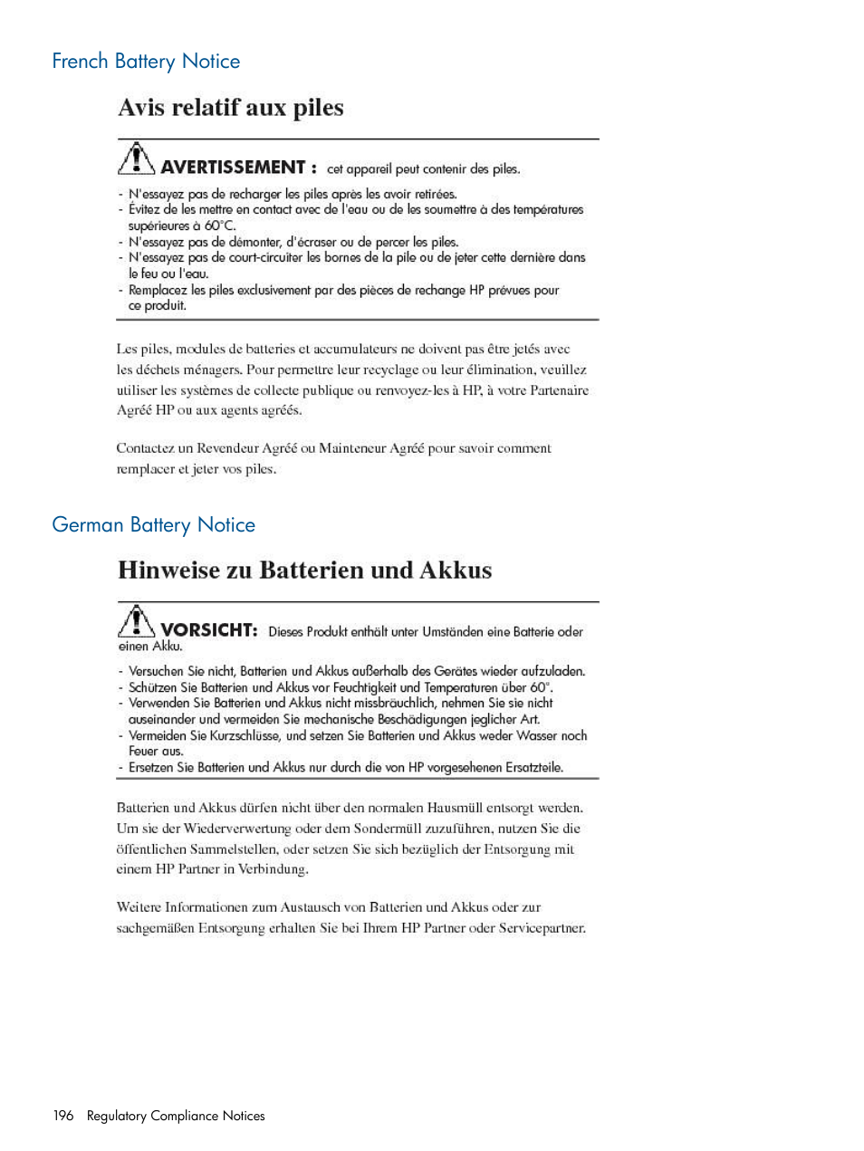 French battery notice, German battery notice, French battery notice german battery notice | HP 12000 Virtual Library System EVA Gateway User Manual | Page 196 / 210