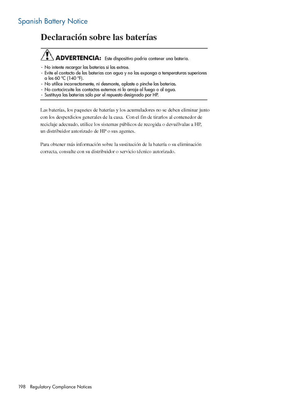 Spanish battery notice | HP 12000 Virtual Library System EVA Gateway User Manual | Page 198 / 210