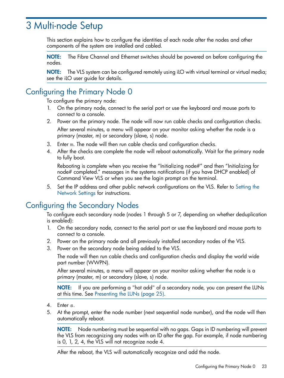 3 multi-node setup, Configuring the primary node 0, Configuring the secondary nodes | HP 12000 Virtual Library System EVA Gateway User Manual | Page 23 / 210