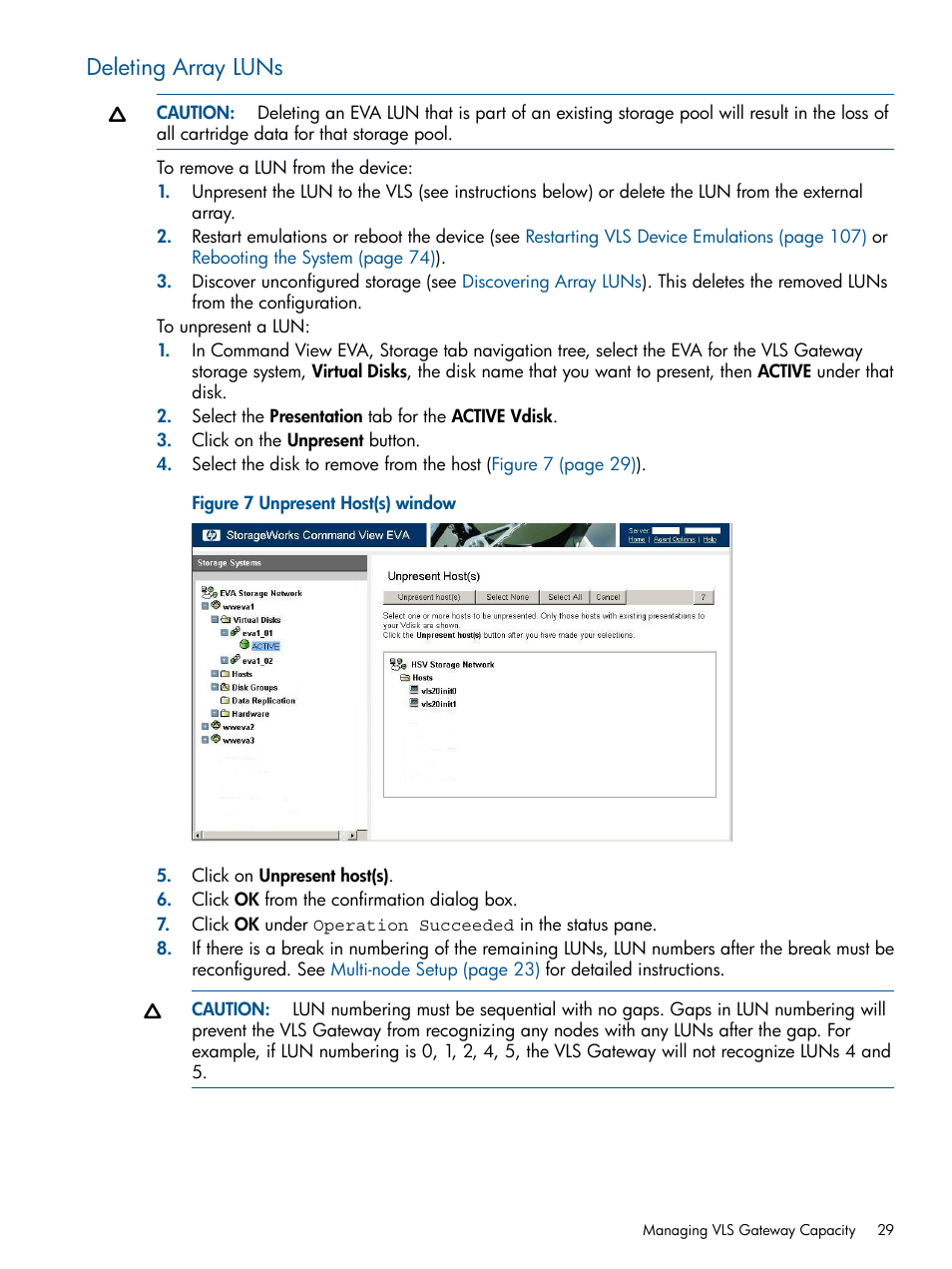 Deleting array luns, Deleting array, Luns | HP 12000 Virtual Library System EVA Gateway User Manual | Page 29 / 210