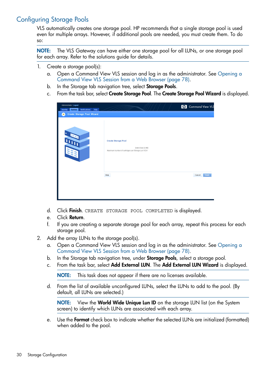 Configuring storage pools | HP 12000 Virtual Library System EVA Gateway User Manual | Page 30 / 210