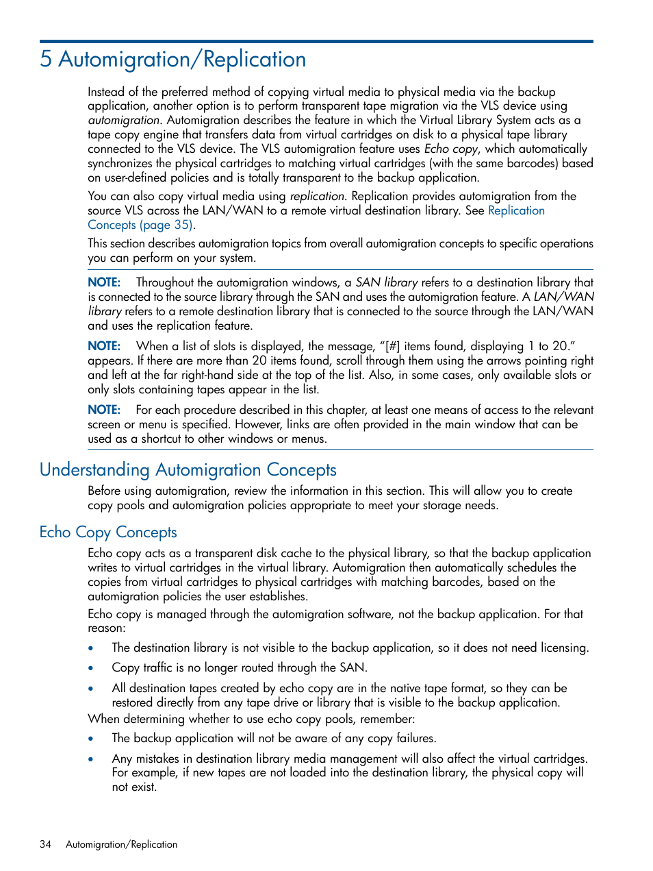 5 automigration/replication, Understanding automigration concepts, Echo copy concepts | HP 12000 Virtual Library System EVA Gateway User Manual | Page 34 / 210