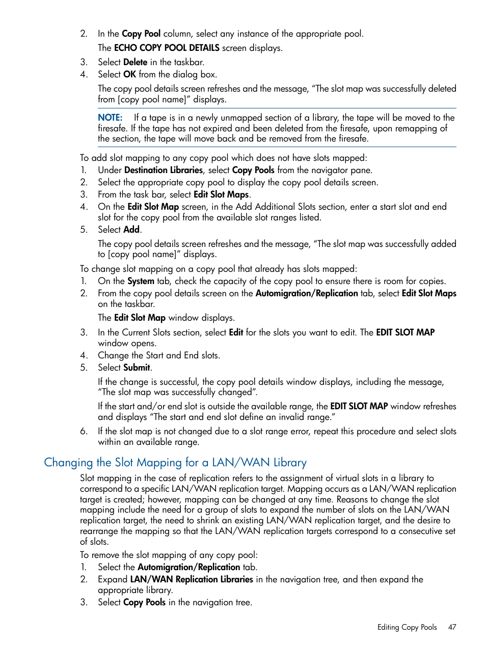 Changing the slot mapping for a lan/wan library | HP 12000 Virtual Library System EVA Gateway User Manual | Page 47 / 210