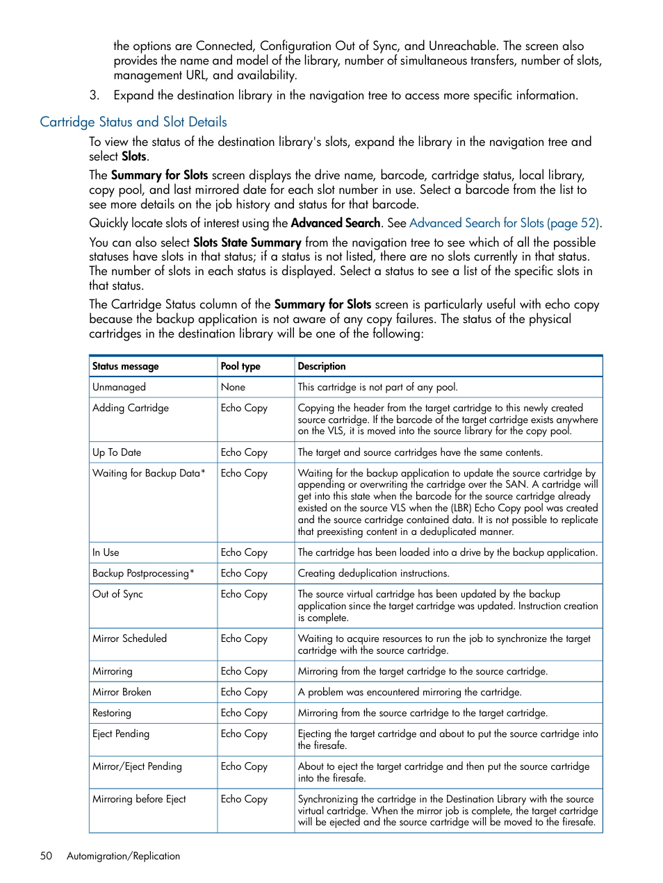 Cartridge status and slot details | HP 12000 Virtual Library System EVA Gateway User Manual | Page 50 / 210
