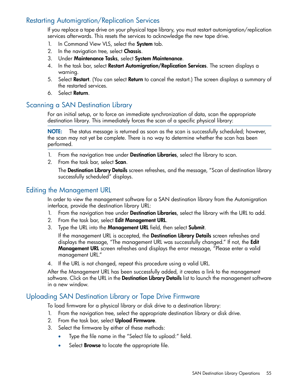Restarting automigration/replication services, Scanning a san destination library, Editing the management url | HP 12000 Virtual Library System EVA Gateway User Manual | Page 55 / 210