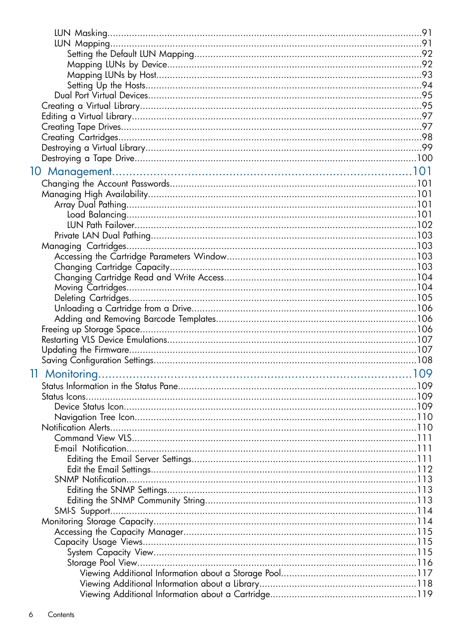 10 management, 11 monitoring | HP 12000 Virtual Library System EVA Gateway User Manual | Page 6 / 210