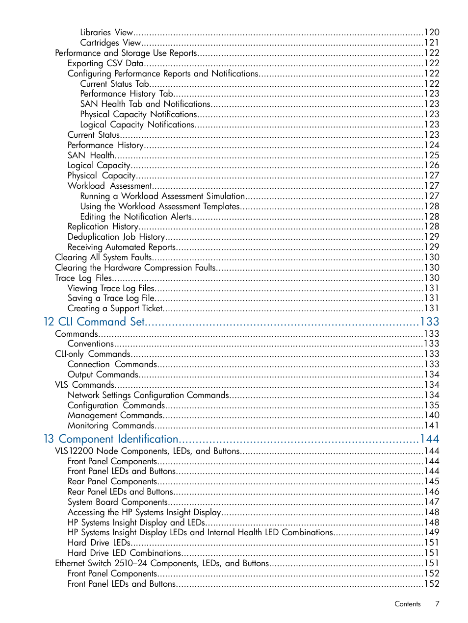 12 cli command set, 13 component identification | HP 12000 Virtual Library System EVA Gateway User Manual | Page 7 / 210