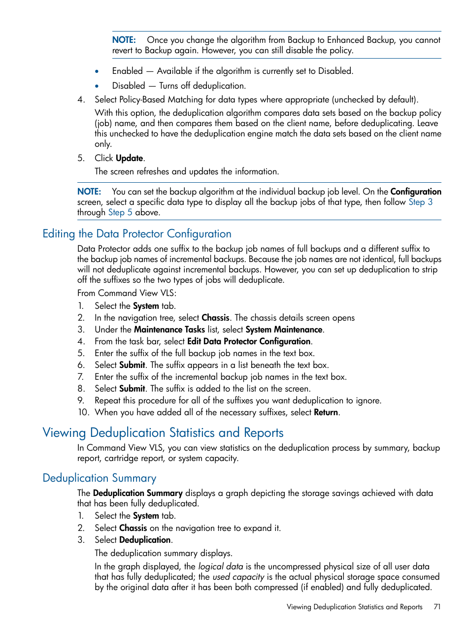 Editing the data protector configuration, Viewing deduplication statistics and reports, Deduplication summary | HP 12000 Virtual Library System EVA Gateway User Manual | Page 71 / 210