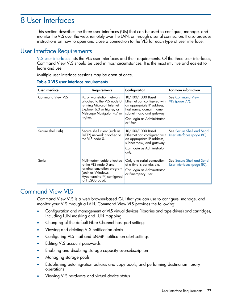 8 user interfaces, User interface requirements, Command view vls | User interface requirements command view vls | HP 12000 Virtual Library System EVA Gateway User Manual | Page 77 / 210