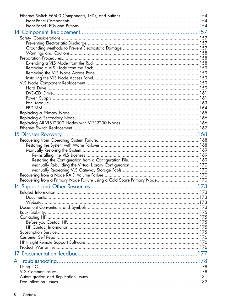 14 component replacement, 15 disaster recovery, 16 support and other resources | 17 documentation feedback a troubleshooting | HP 12000 Virtual Library System EVA Gateway User Manual | Page 8 / 210