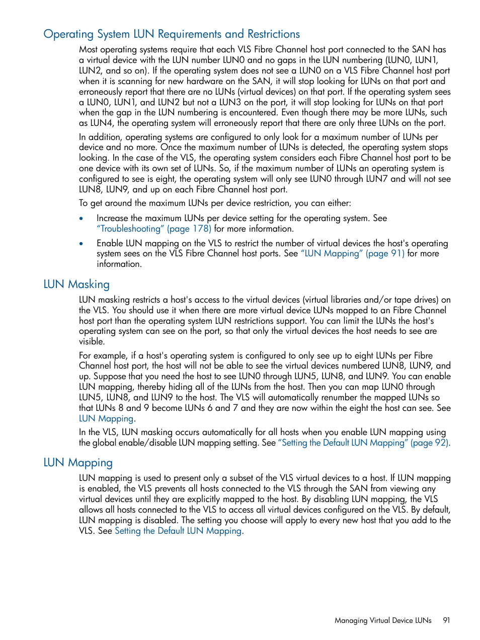 Operating system lun requirements and restrictions, Lun masking, Lun mapping | Lun masking lun mapping, Operating system lun requirements | HP 12000 Virtual Library System EVA Gateway User Manual | Page 91 / 210