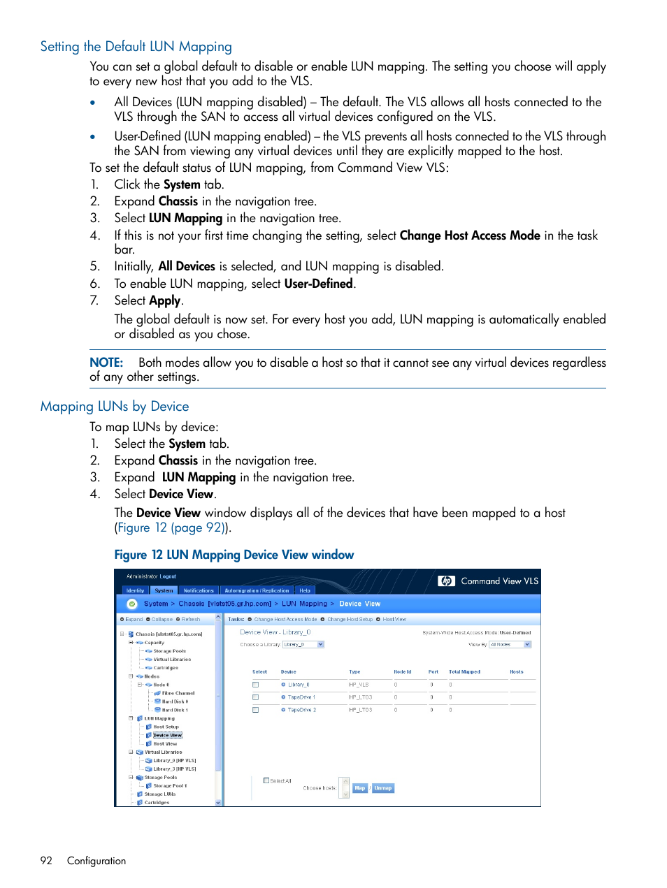 Setting the default lun mapping, Mapping luns by device | HP 12000 Virtual Library System EVA Gateway User Manual | Page 92 / 210