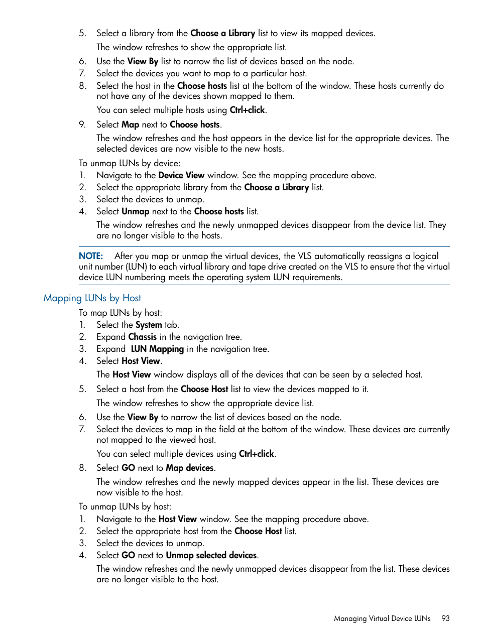 Mapping luns by host | HP 12000 Virtual Library System EVA Gateway User Manual | Page 93 / 210