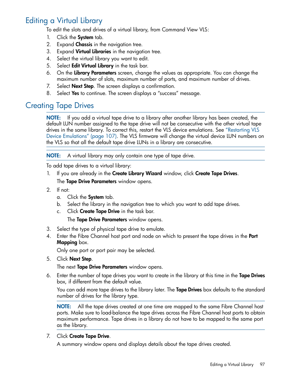 Editing a virtual library, Creating tape drives, Editing a virtual library creating tape drives | Creating tape, Creating | HP 12000 Virtual Library System EVA Gateway User Manual | Page 97 / 210